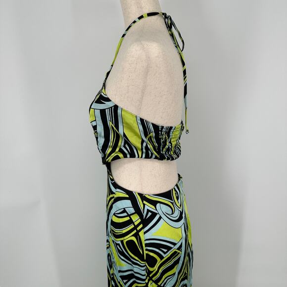 Topshop Abstract Green Blue Swirl Halter Side Cutout Dress Womens US Size 4 - Picture 3 of 12